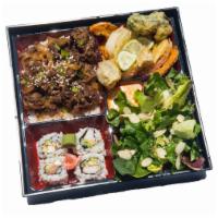 B-01. Beef Bento · Steamed rice topped with thinly sliced beef and tender onion, simmered in a sweet and savory...