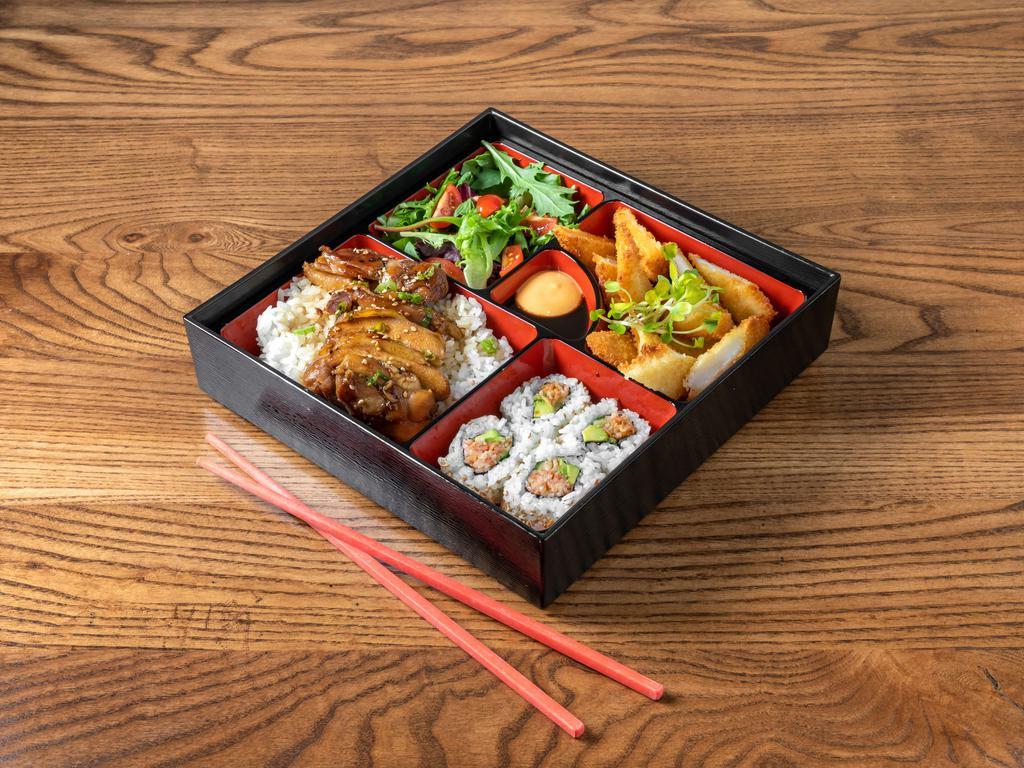 B-02. Chicken Bento · Steamed rice topped with thinly sliced chicken and tender onion simmered in a sweet and savory dashi broth seasoned with soy sauce and mirin. Tempura fish ,squid, California roll, and salads 
