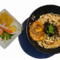 R-02. Pork Ramen · Cha-shu pork, handmade ramen noodles, 12-hour chicken broth, seasoned egg, tempura flakes, c...