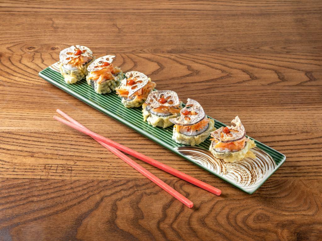 H-01. Downtown Roll · Cream cheese, jalapeno and crab stick, tempura fried and topped with baked crab and tempura sugared lotus root, a drizzle of eel sauce, and Sriracha.