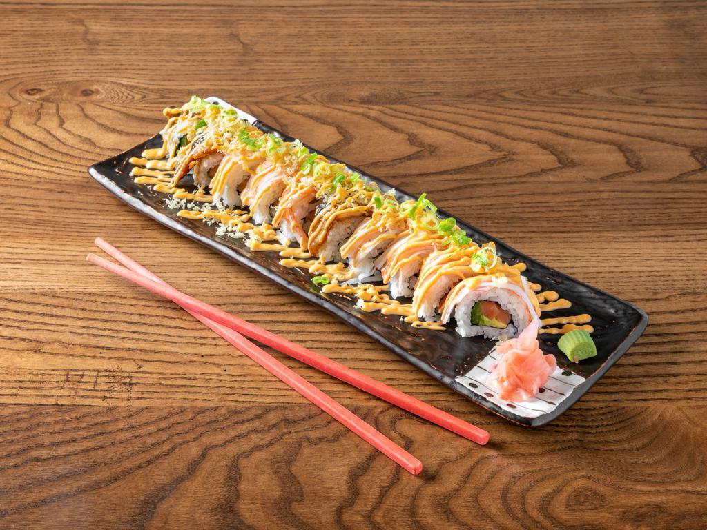 H-02. Tulsa Roll · Cream cheese, jalapeno, avocado, smoked salmon topped with crab, eel, tempura flakes, eel sauce, spicy mayo, and scallions.