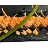 H-06. Shaggy Dog Roll · Shrimp tempura and avocado topped with crab, spicy mayo, togarashi.