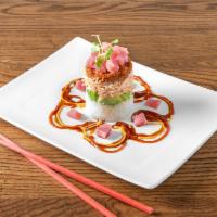 H-17. Tuna/Salmon Tower · Spicy tuna, crab mix, avocado, and sushi rice with spicy mayo, eel sauce, and sriracha. Topp...