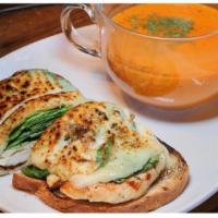 Chicken and Avocado Melt, with Soup · Grilled chicken breast, big slices of fresh avocado, spinach, & sun-dried tomato with melted...