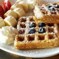 Whole Wheat Waffle with Fresh Fruits · Served with fresh strawberries, blueberries and bananas. 