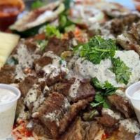 Gyro Platter · Gyro, salad, rice, tzatziki, hummus, pita bread.