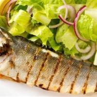 Akdeniz Levrek Izgara · Mediterranean whole sea bass, char-grilled, served with rice or sort of vegetables and a lem...