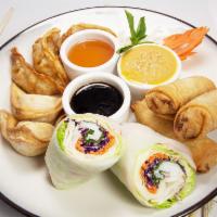 Pattaya Mix · 3 egg rolls, 2 cheese wontons, 2 fried potstickers, and 1 salad roll.

