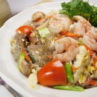 Pad Woon Sen  · Stir-fried bean thread noodles, eggs, cabbage, baby corn, tomatoes, green onions, and carrot...