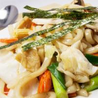Yakisoba Udon  · Japanese udon noodles, baby corn, cabbage, green onions, and carrots.
