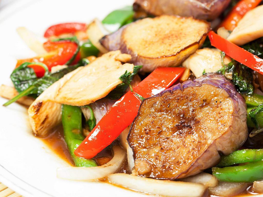 Thai Eggplant  · Stir-fried Thai eggplant, bell peppers, basil, and onions in a sweet sauce.
