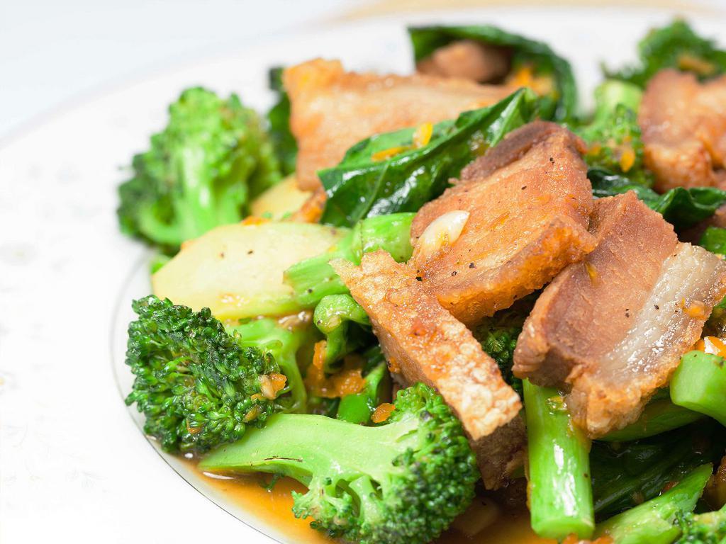 Chinese Broccoli · Stir-fried Chinese broccoli with crispy pork.
