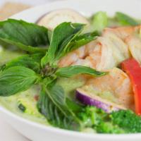 Green Curry  · Curry with bamboo, bell peppers, green beans, basil, broccoli, zucchini, and eggplant in gre...