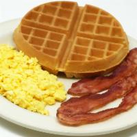 Belgian Waffle Slam · Belgian waffle served with two large eggs, bacon or sausage.