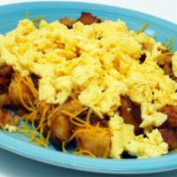 Chuck Wagon Special · Home fries covered with cheese, topped with two eggs any style, toast or biscuit.