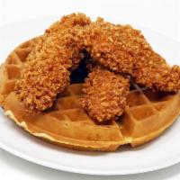 Chicken & Waffles  · Our signature, thick Belgian waffle topped with homemade hand battered and fried Chicken Str...