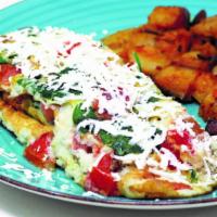 Greek Omelette  · Fresh Spinach, Tomatoes, Black Olives Topped with Imported Feta cheese!