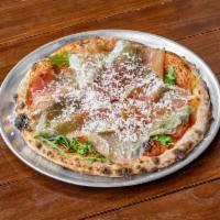 Prosciutto Pizza · San Daniele prosciutto, fresh arugula, mozzarella, shaved grana padano and extra virgin oliv...