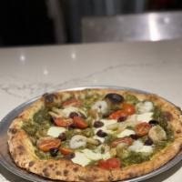 Shrimp Pesto Pizza · Basil pesto sauce, shrimp, mozzarella, grape tomato and olives.
