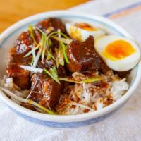 Lu Rou Fan · Taiwanese style soy-braised pork belly, ginger, shallots, herbs, roasted garlic bulb, soft b...