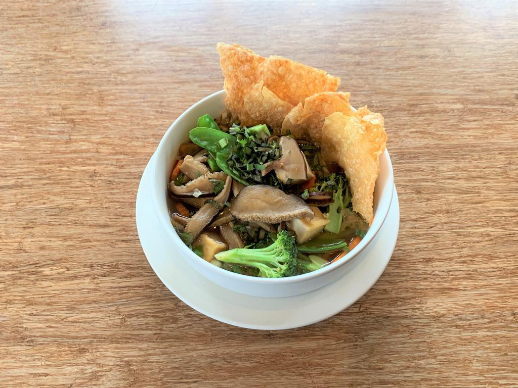 Vegetarian Spicy Noodle Soup (bun both hue chay) · Fried tofu,King mushroom, carrot, snow pea, lemongrass, house chili oil served with vermicelli rice noodle