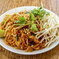 Pad Thai · Chicken, rice noodle, egg, bean sprout, scallion and topped with crushed peanuts.
