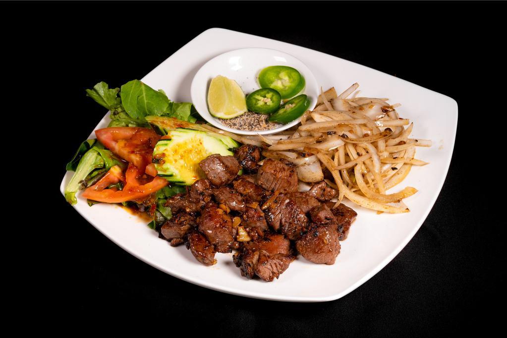 Shaking Beef Rice (Bo Luc Lac) · Cube tenderloin steak, spring mix salad, red onion and served with lime sauce.
