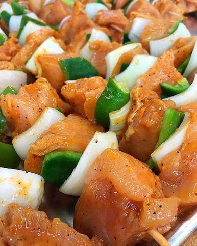 Chicken Kabob · Pre-seasoned chicken, bellpeppers and onoins on a skewer.