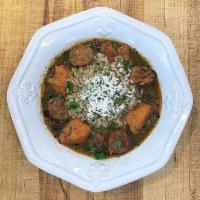 Chicken and Sausage Gumbo · Taylor's homemade chicken and sausage gumbo serves about 2 people per container. Just heat, ...