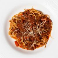 Spaghetti Bolognese · Sauteed lean ground beef with homemade marinara sauce and topped with Parmesan cheese.