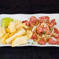 Calabresa com mandioca frita · Brazilian sausage & crispy yucca fries served w/ cilantro mayo.