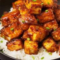 S5. General Tso's Tofu · Served with rice. Hot and spicy.