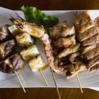 Non-Bae Set · Assorted yakitori set of pork belly, chicken thigh, shrimp, shiitake mushroom, Seasonal Yam.
