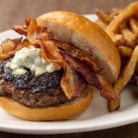 The Kettle Black Burger · Famous burger with truffle cheddar, thick cut Applewood smoked bacon, caramelized onions. Se...