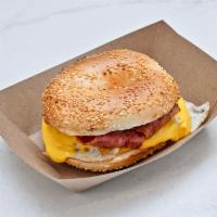 Bec Egg Bagel · Turkey bacon, 2 fried eggs over medium and melted American cheese.