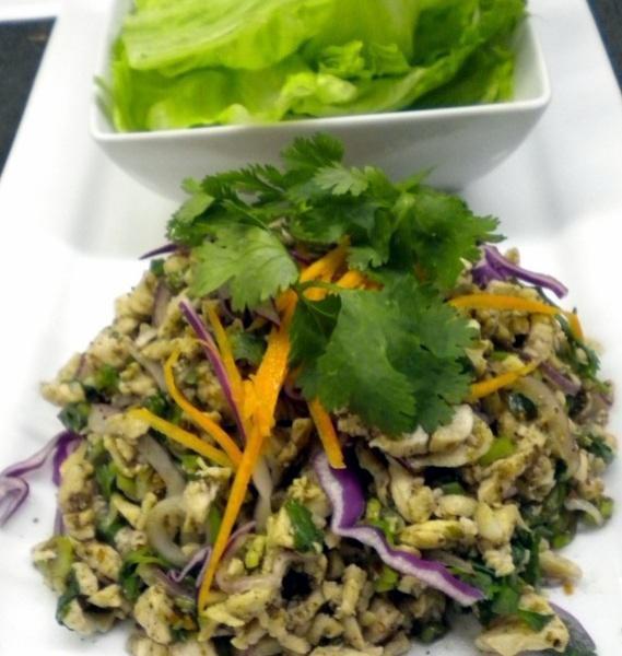Lettuce Wraps · Diced chicken, green onions, red onions, cilantro, fresh mint leaves and seasoned with lime juice.