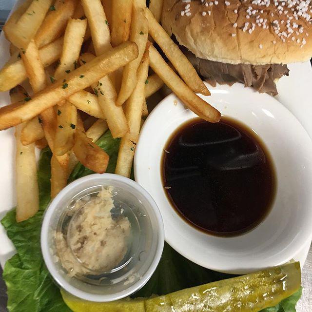 Roast Beef on Weck · Slow roasted roast beef piled high and served on freshly baked kimmelweck roll. Served with choice of fries.