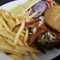 BBQ Bacon Burger · 8 oz. brisket/chuck burger tossed in famous Anchor Bar spicy BBQ sauce, bacon, cheddar chees...