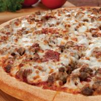 All-Meat Combo Pizza · Pepperoni, ham, beef, sausage, italian sausage, bacon bits and mozzarella cheese.