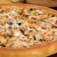 Super Specialty Combo Pizza · Pepperoni, beef, sausage, onions, black olives, mushrooms and mozzarella cheese, ham, green ...