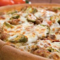 Hot Stuff Pizza · Pepperoni, beef, Italian sausage, onions, jalapeno peppers and mozzarella cheese.