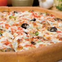 Veggie Pie · Green peppers, onions, mushrooms, black olives, tomatoes and mozzarella cheese.