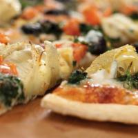 Sicilian Veggie Pizza · Spinach, artichoke hearts, marinated tomatoes, black olives, garlic and olive oil, seasoned ...