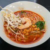 Noodle Tom Yum Soup Bowl · Shrimp, scallion, bean sprouts, crushed peanuts and rice thin noodles in an herb spicy tom y...