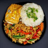 Pad Kra Prow Kai Sab with Fried Egg · Sauteed classic popular dish using ground chicken, onions, fresh basil leaves, bell peppers,...