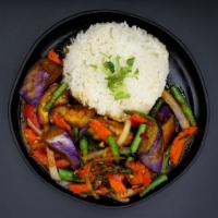 Spicy Eggplant Basil · Sauteed delicious long purple eggplant with onions, string beans, carrots and fresh basil le...