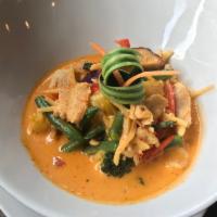 Red Curry · Smooth creamy coconut milk with hot red chili paste, eggplants, bamboo shoots, string beans,...
