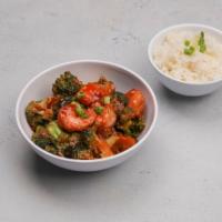 Shrimp with Broccoli · Served with white rice.