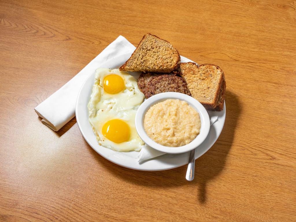 Big Bite Breakfast · 2 eggs, choice of bacon, sausage or ham, choice of side of toast.