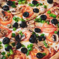 Alonzo's Veggie Pizza · Original crust, mushrooms, black olives, red onion, bell pepper, fresh tomatoes and lite gar...